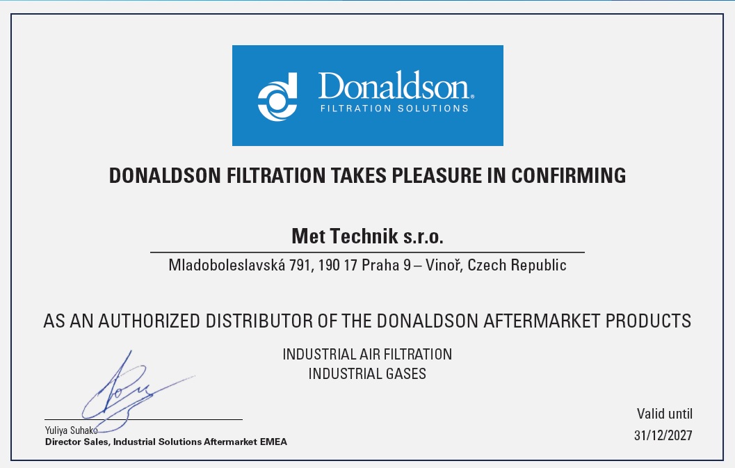 Certifikát autorizovaného distributora Donaldson pro Met Technik s.r.o.